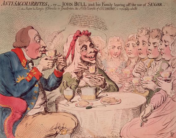 James Gillray's 1792 portrait of a couple modeled on King George III and Queen Charlotte, advocating the consumption of unsugared tea, for humanitarian and economical reasons.