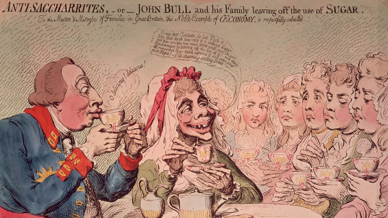 James Gillray's 1792 portrait of a couple modeled on King George III and Queen Charlotte, advocating the consumption of unsugared tea, for humanitarian and economical reasons.