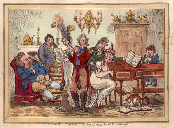 James Gillray's cartoon from c.1800 mocking drawing-room musicians. Caption:circa 1800: A Little Music, or the Delights of Harmony, mocking drawing-room musicians.