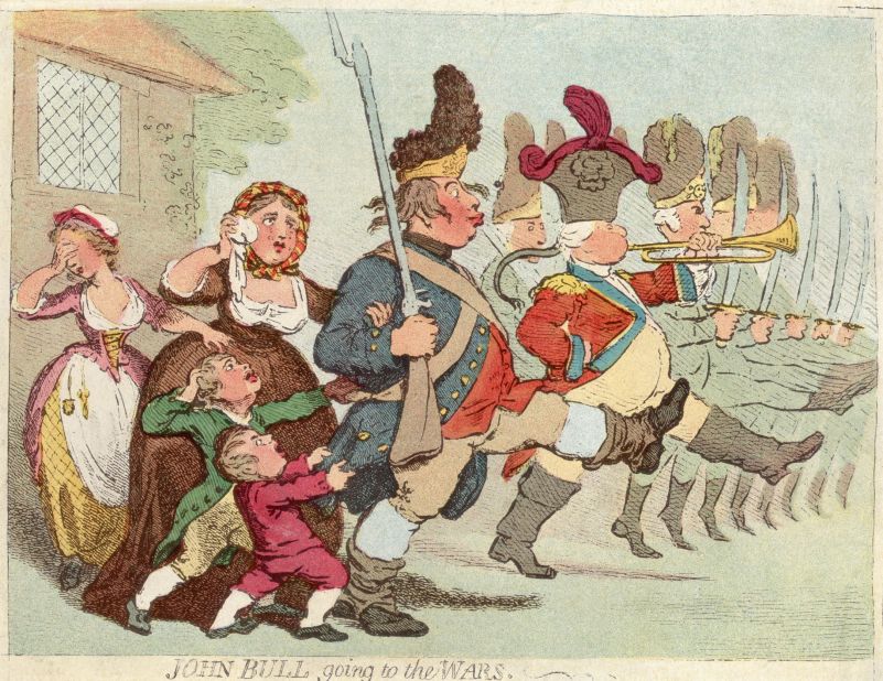 James Gillray's cartoon c. 1800 showing John Bull -- personifying Great Britain going to war.