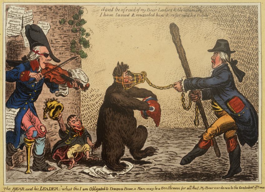 James Gillray's 1805 cartoon depicts Henry Addington, Viscount Sidmouth playing music for British statesman William Wyndham Grenville and his dancing bear, Charles James Fox.