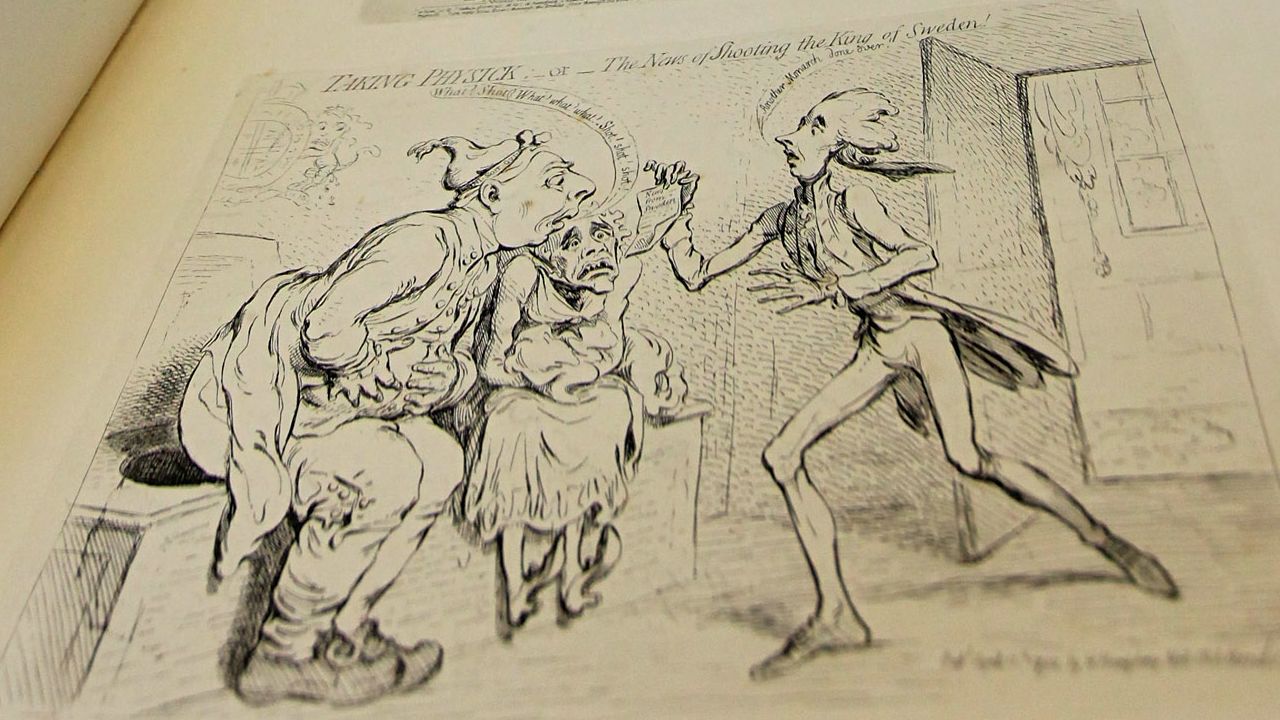 James Gillray's 1792 cartoon shows Pitt the Younger bursting in upon George III and his consort, Queen Charlotte, as they squat on their latrine.