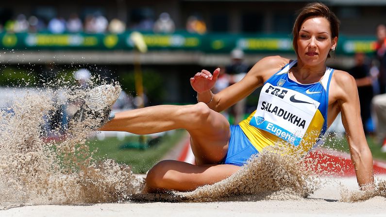 Ukrainian athlete Olha Saladukha competes in the triple jump Saturday, May 30, during the Prefontaine Classic in Eugene, Oregon.
