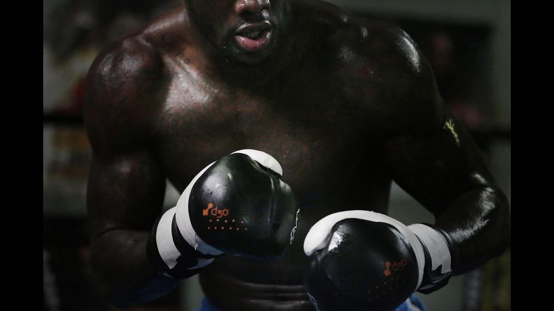 Boxer Deontay Wilder, who holds the WBC heavyweight title, works out at a gym in Northport, Alabama, on Thursday, May 28. He is training for his first title defense -- a bout against Eric Molina on June 13.