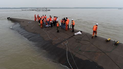 Rescuers work at the site of the overturned passenger ship on China's Yangtze River on June 2. 