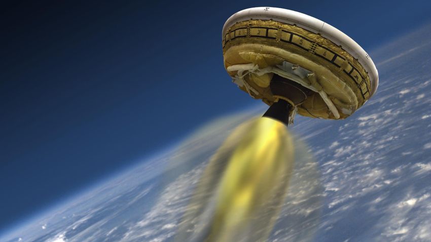 This artist's concept shows the test vehicle for NASA's Low-Density Supersonic Decelerator (LDSD), designed to test landing technologies for future Mars missions. A balloon will lift the vehicle to high altitudes, where a rocket will take it even higher, to the top of the stratosphere, at several times the speed of sound.
The Low-Density Supersonic Decelerator Project is managed by JPL for NASA's Space Technology Mission Directorate in Washington. 
