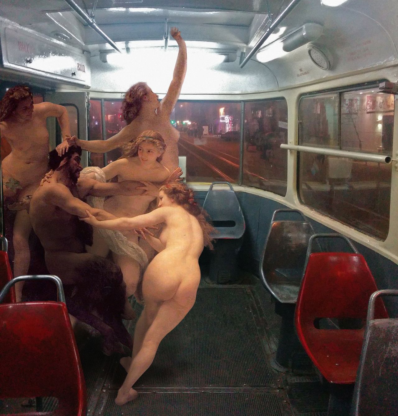 Another Bouguereau, this time "Nymphs and Satyr" (1873), displaying a riotous scene at the back of a tram.