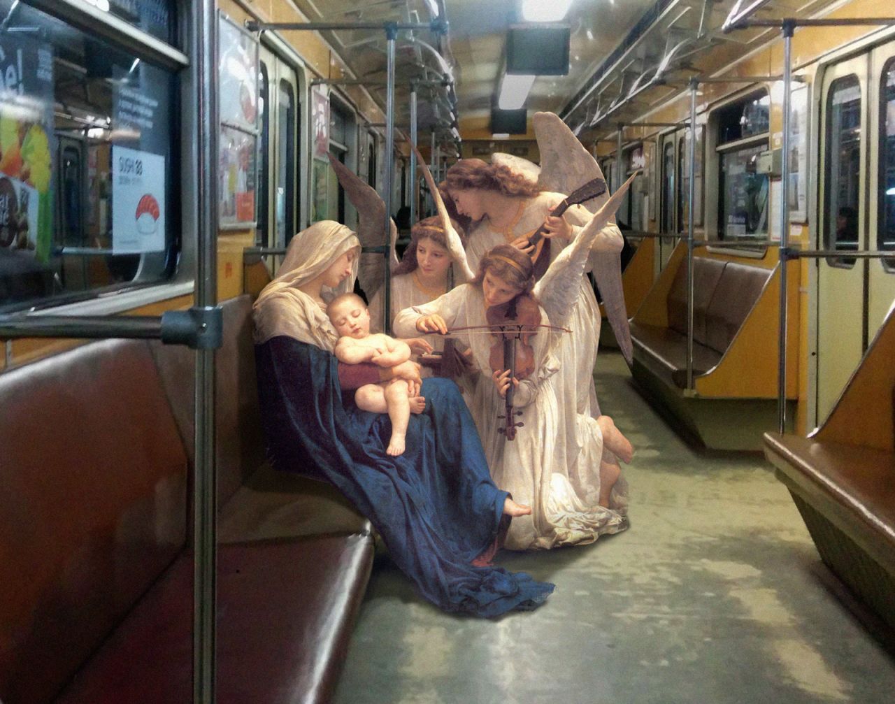 How would classical figures fare in the urban jungle? Ukrainian artist <a href="https://www.facebook.com/alexey.kondakov.48" target="_blank" target="_blank">Alexey Kondakov</a> explores the idea in his series 'The Daily Lives of Gods'. <br /><br />Photoshopping characters from mythology and antiquity into the modern day city, he argues that by inviting these characters to "visit" our reality, we reveal a common humanity that binds us all - one that transcends the ages. <br /><br />Here, Kondakov takes "The Song of the Angels" (1881) by French painter William-Adolphe Bouguereau and transports the Virgin Mary and child to a subway carriage, harangued by heavenly buskers.