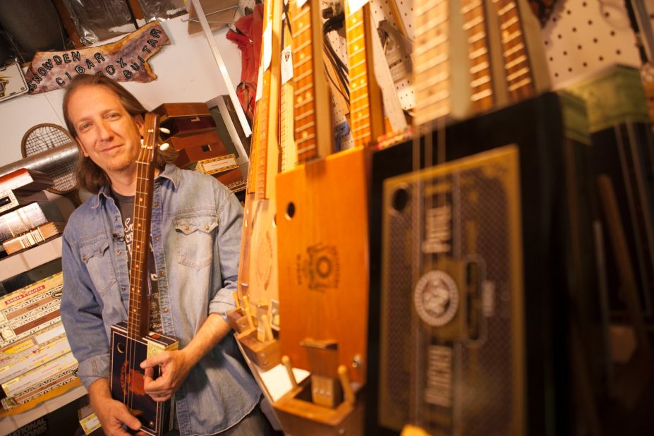 Snowden is a musician and a craftsman. He plays cigar box guitars as a one-man band and builds them from his garage.