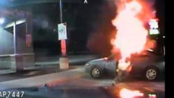 An Austin Police Department dashcam video shows a driver get back inside his car after it exploded and caught on fire.