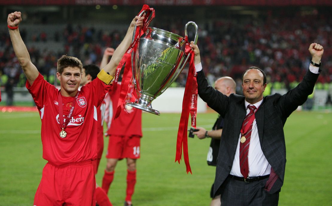 Liverpool captain, Steven Gerrard (left), and manager Rafa Benitez, celebrate after winning the 2005 Champions League final.