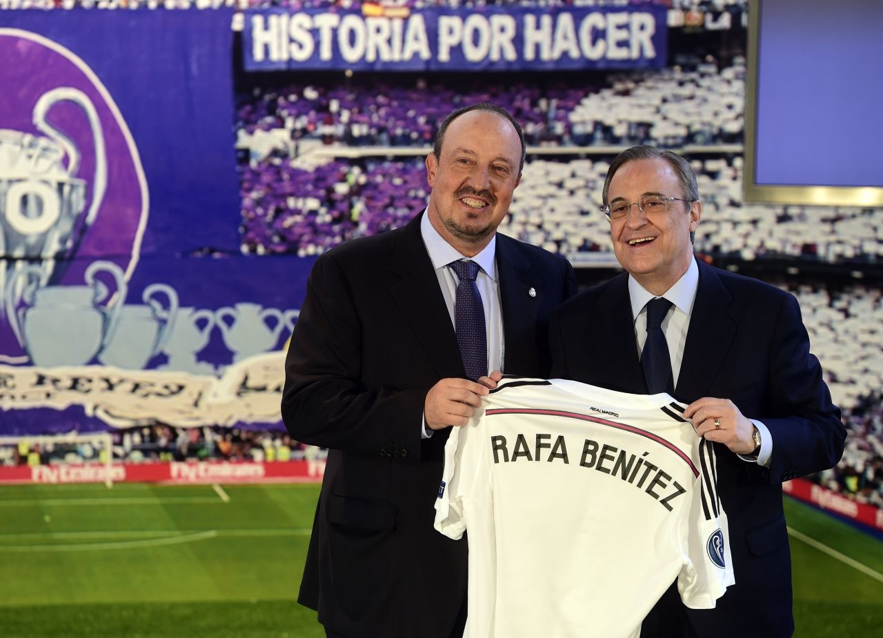 Real boss Florentino Perez (R) has taken part in many deals involving Mendes and was a guest at his wedding. He is seen welcoming in new coach Rafa Benitez earlier this year.  