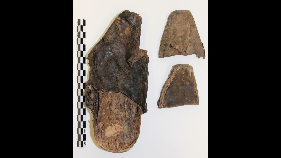 After restoration, leather shoes with cork soles have regained some of their original appearance.
