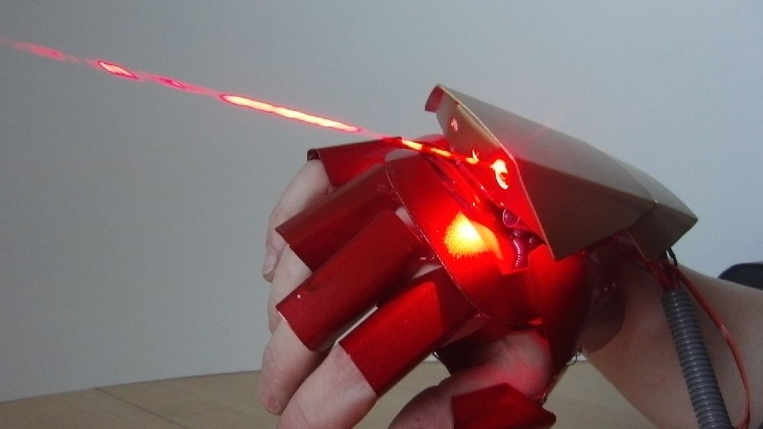 This is the first time he's produced a glove that has two lasers and this glove also features a quick release mechanism that fires a metal shell. It comes complete with sound effects and the blue laser can pop balloons and burn holes in wood. 