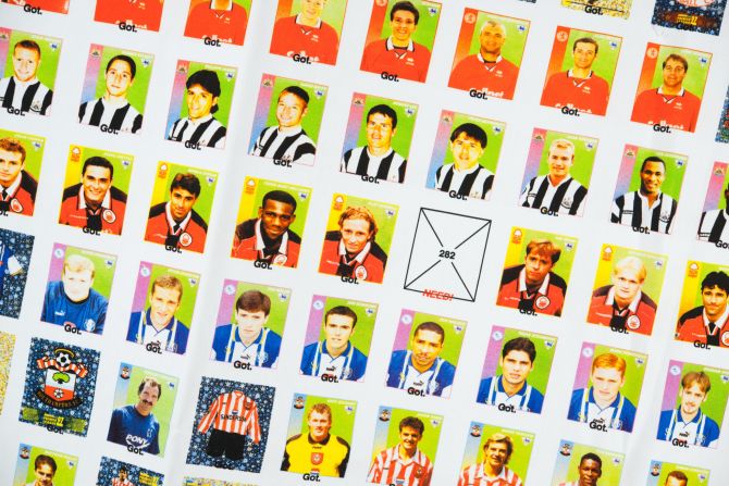 "Collecting football stickers is one of those obsessive things that young football fans do and which I think everyone has a memory of," says Byrne. Hannan's flag shows the schoolyard vernacular that exists around collecting.