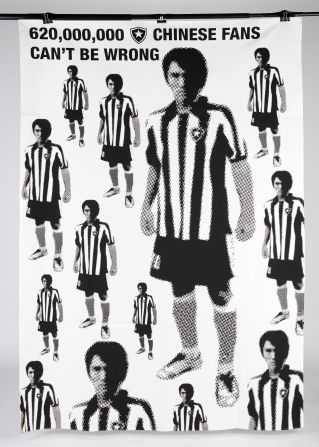 "This flag from Bruno Porto is a parody of the 1959 Elvis Presley album cover 50,000,000 Elvis Fans Can't Be Wrong," says Byrne. Bruno supports Brazilian club Botafogo. One of the club's legends is that a survey in China had shown the team to have 618,083,000 fans due to the large numbers of Botafogo players in popular Brazilian national sides in the years before China closed itself off in the mid-60s. "It shows club folklore is represented by fans and sums up the irreverent mixing of football and pop culture that you often see on the stands," says Bryne.