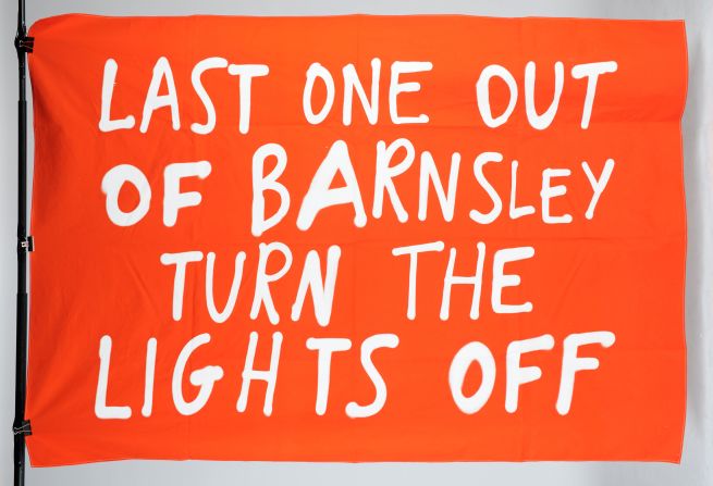 Craig Oldham's take on the "the incredible wit, community, and creativity of the terraces," says Dan Byrne of Spiel Magazine who with Jon Hannan of the Manchester School of Art curated the Commentary Project. It is based on "the memory of a home-made banner seen at the M1 junction in Barnsley on May 29th 2000, the day The Reds went to Wembley for the First Division Play-off Final against Ipswich. Premier League glory awaited us... if we hadn't we lost 4-2."