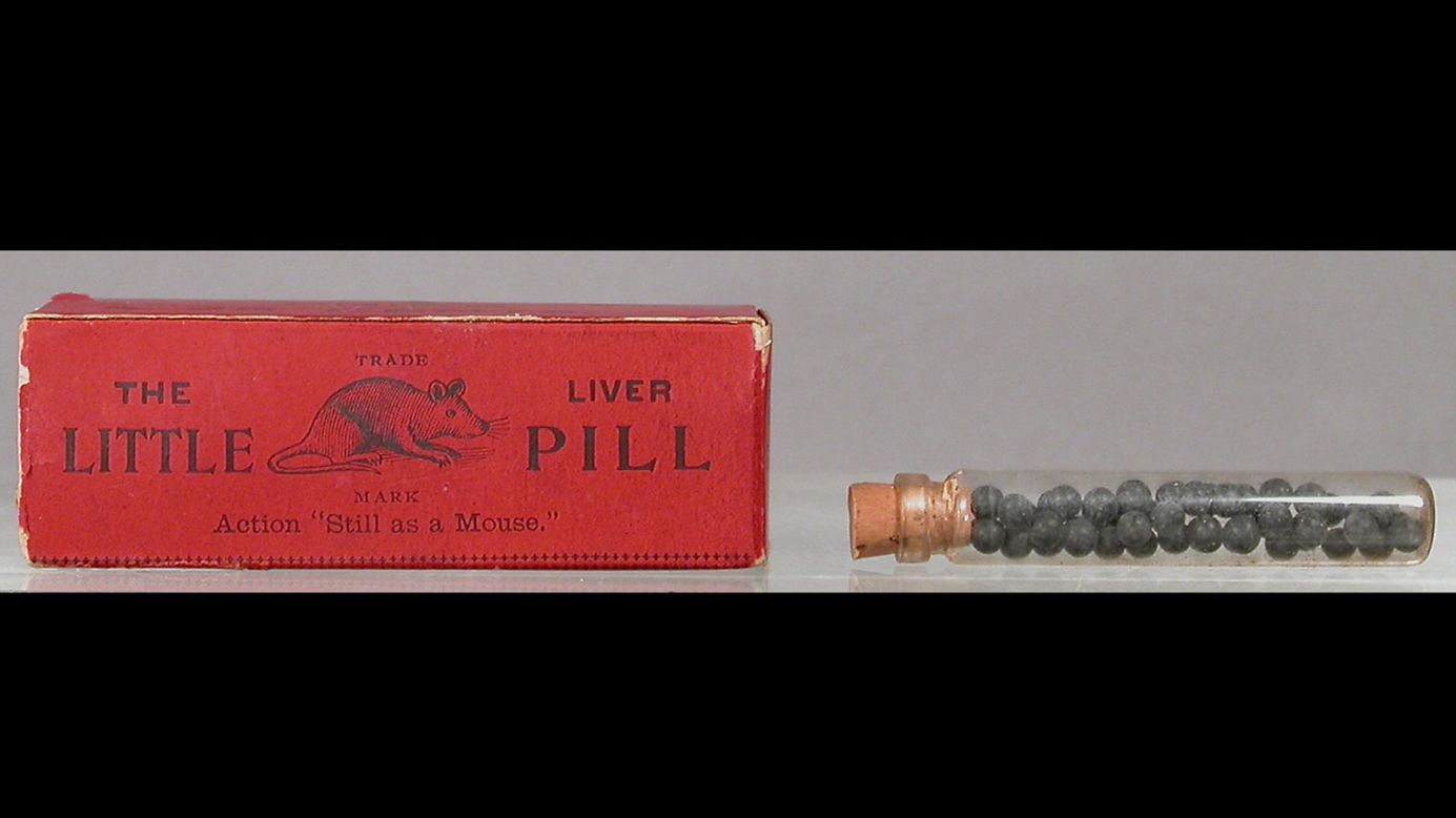It may look like a vial of mouse droppings but, according to its packaging, this treatment was marketed for a variety of purposes: "A mild cathartic. For biliousness, dizziness, nervous or sick headache, nausea, coated tongue, loss of appetite, bad taste in the mouth, sleepiness, sallow skin, dyspepsia and indigestion, sour stomach caused by inactive or sluggish liver or constipated bowels." No word on what the little mouse has to do with this remedy, made between 1898 and 1902.