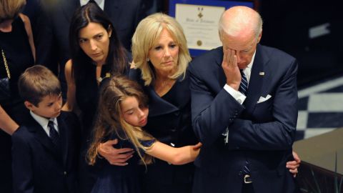Vice President Joe Biden rests his head in his hand during a viewing for his late son, former Delaware Attorney General Beau Biden, on Thursday, June 4. Standing with the vice president, from right, is his wife, Jill, and Beau Biden's immediate family: daughter Natalie, wife Hallie and son Hunter.