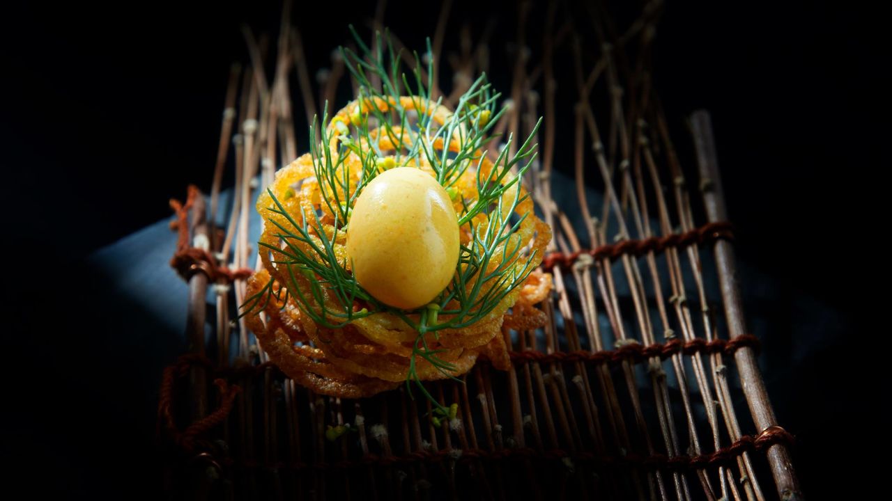 Inspired by a bird's nest, obviously, this dish features potatoes in two forms -- liqud and crispy, accompanied by chutney and fennel. "Takes 30 mins to make one and 30 seconds to eat," says Gaggan. 