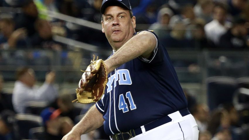 New Jersey Gov. Chris Christie joined a team of celebrities at Yankee Stadium and 17,000 fans Wednesday, June 3, 2015 for a charity softball game to honor slain police officers.