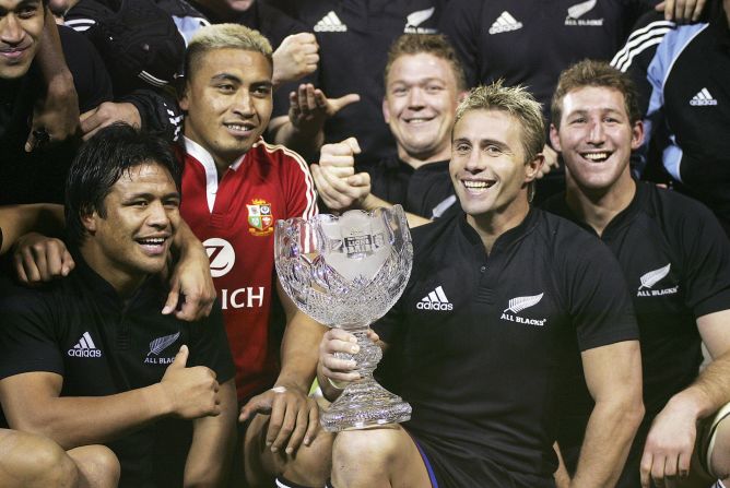 Collins was a popular figure in the sport and Ospreys, another former club, said: "He was his own man, a true individual and a giant of the world game. Jerry will be sadly missed by everybody in rugby, his family and friends." Here he poses with the DHL Lions Series Trophy after the third test between the British and Irish Lions and the New Zealand All Blacks.