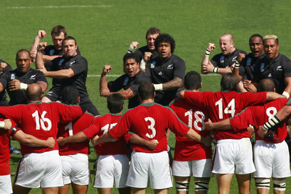 Collins, 34, made his New Zealand debut in 2001. Far right, he performs the haka with his teammates prior to the 2007 World Cup match against Portugal.