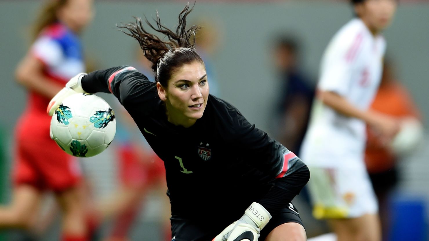 Goalkeeper Hope Solo in action for the US National Women's Team.