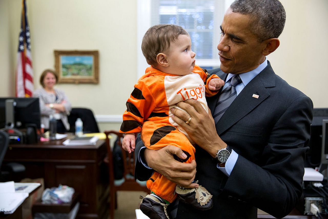 Obama stops by a Halloween party at the chief of staff's office in the West Wing of the White House in October.