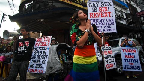 Christian demonstrators protest during a gay pride march in December, 2013, in Manila, Philippines. 