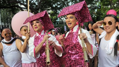 Singaporeans dress in pink in support of gays and lesbians as they gather at "Speakers' Corner" in Singapore in June, 2014.
