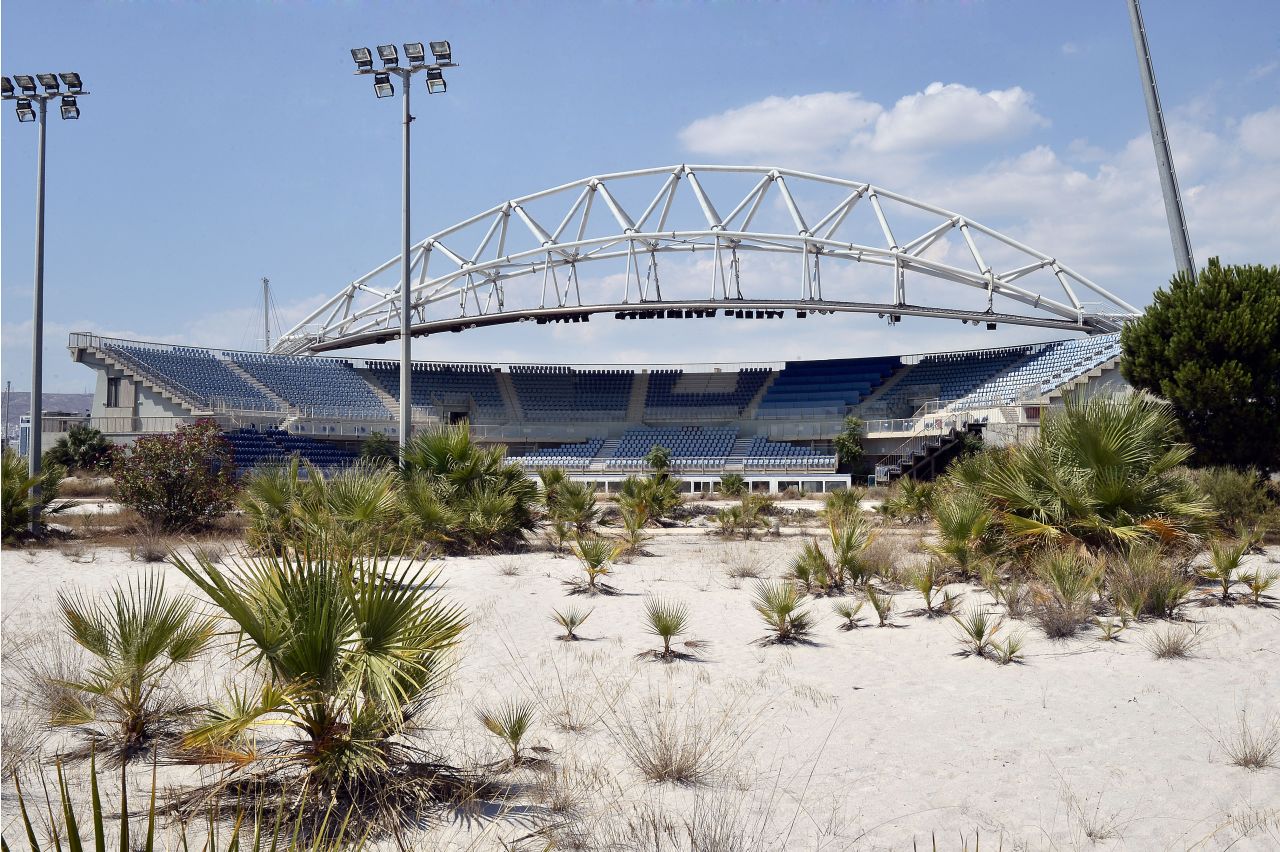 A view of the beach volleyball Olympic stadium at Faliro Olympic Complex in Athens, Greece. Many of the sports complexes built for the 2004 games have been unused since. 