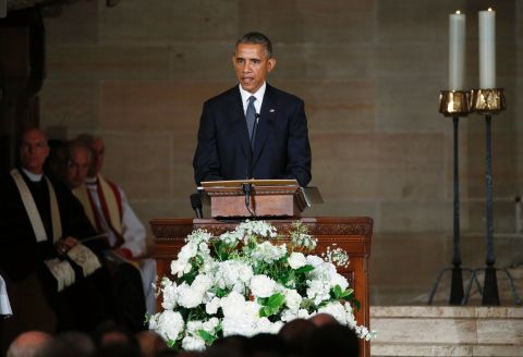 President Barack Obama delivers the eulogy in honor of Beau Biden on June 6.  The President struggled for composure at several points during his tribute. <br />