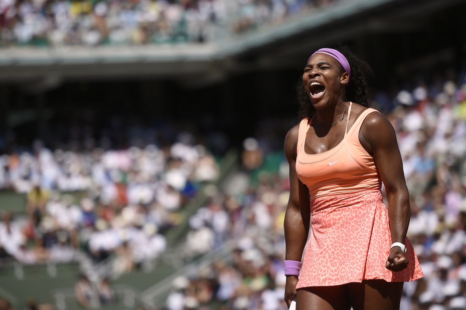 Serena Williams screams after winning a point in the first set of the 2015 French Open final.