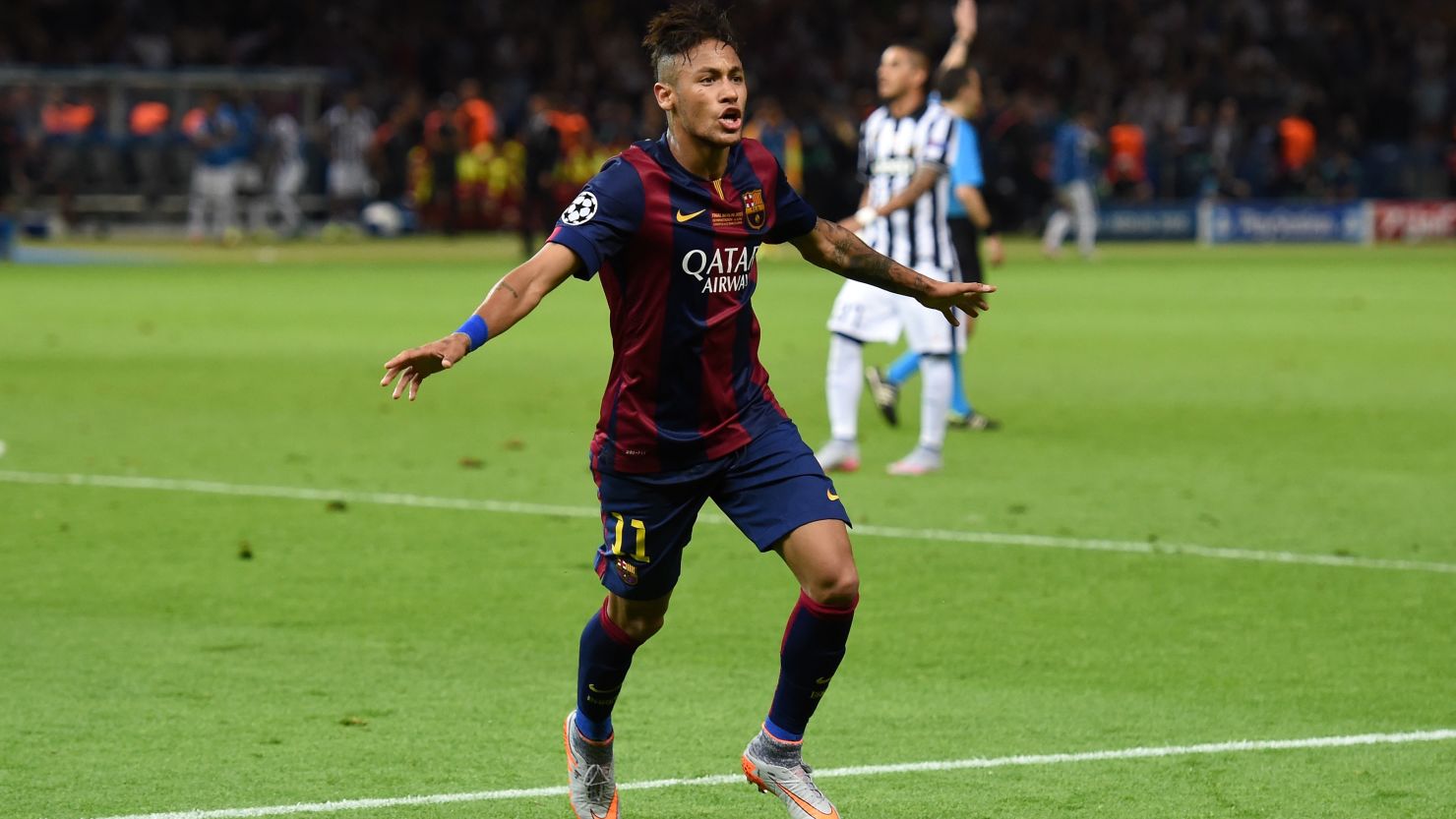 Neymar celebrates scoring the third goal in the 2015 Champions League final.