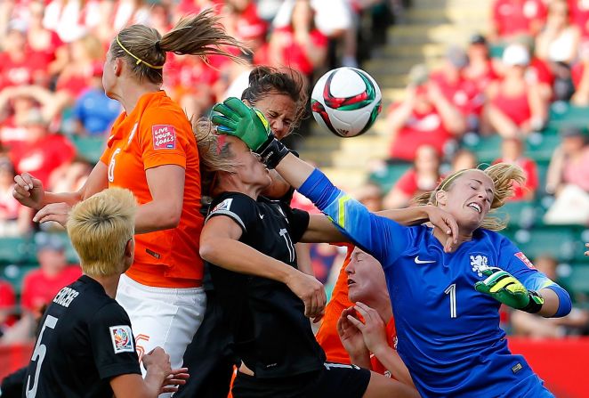 Dutch goalkeeper Loes Geurts, right, defends a corner kick against New Zealand on Saturday, June 6. The Netherlands won the match 1-0 in Edmonton.