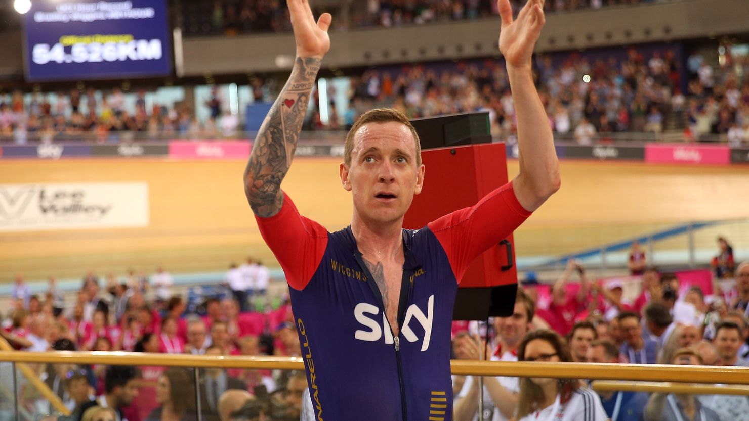 Bradley Wiggins celebrates his new world hour record in front of a capacity crowd at the Olympic velodrome in London.