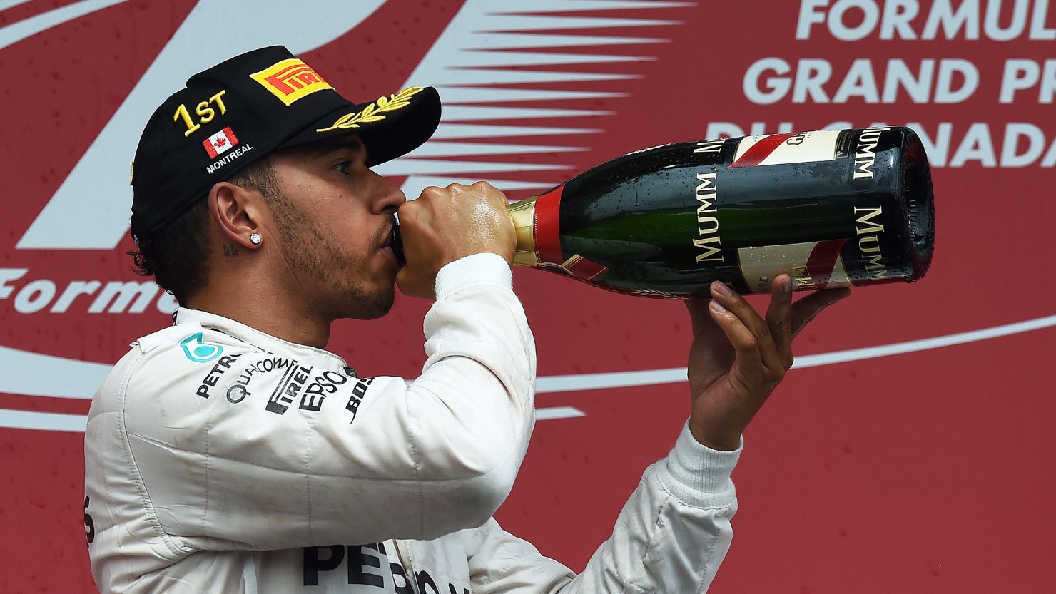 A champagne moment for Lewis Hamilton after winning for the fourth time at the Gilles Villeneuve circuit in Montreal.