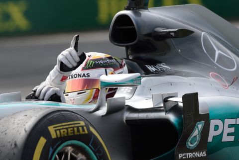 Hamilton signals his victory for the fourth time in Canada ahead of Mercedes teammate Rosberg.