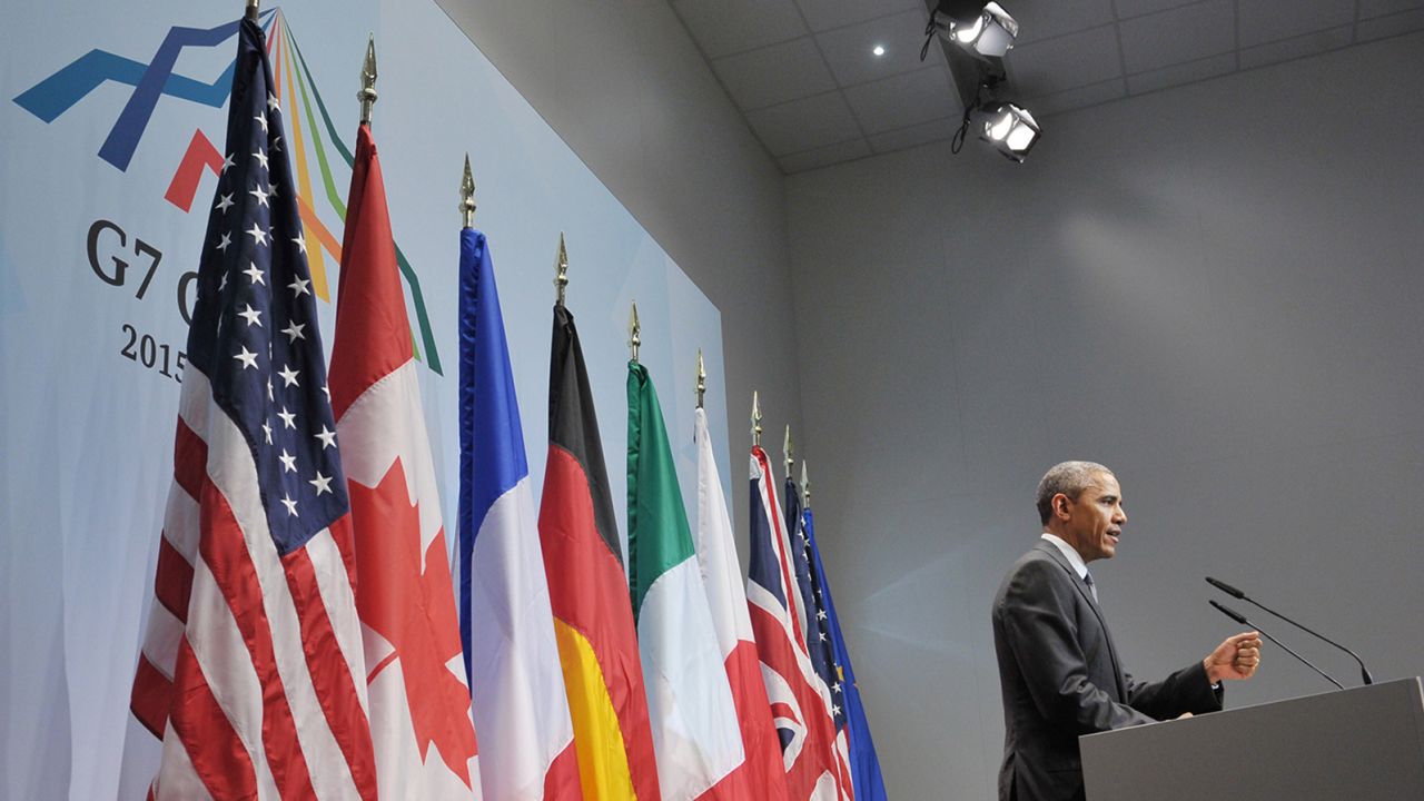 President Barack Obama speaks during a news conference in Germany on June 8, 2015, at the end of a G7 summit.