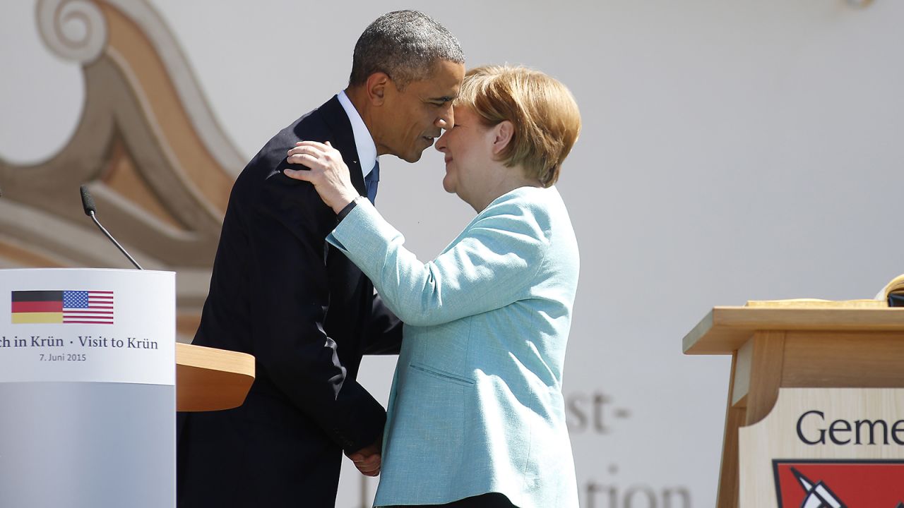 Obama and Merkel greet each other at a bilateral meeting on June 7.