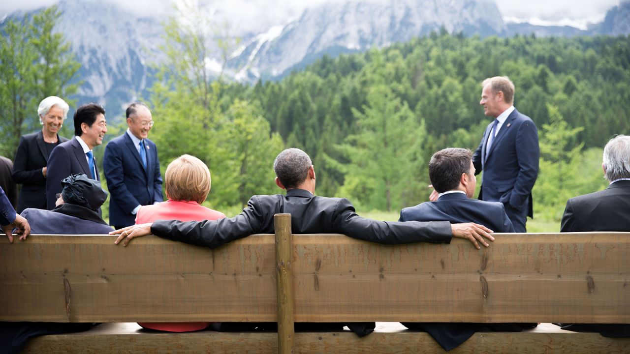 On the bench, from left: Liberian President Ellen Johnson Sirleaf, Merkel, Obama and Renzi sit on a bench outside Elmau Castle on June 8.