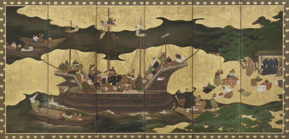 Measuring over 3-meters-long, this magnificent golden screen depicts Portuguese seafarers in a Japanese harbor -- the artwork called "Southern Barbarians."<br />Dating back to the 17th century, the gilded screen was "created at a time when the Japanese were grappling with an influx of European merchants and missionaries," said the gallery.<br />"The screens have been traditionally interpreted as scenes of cultural encounter with exotic foreigners."