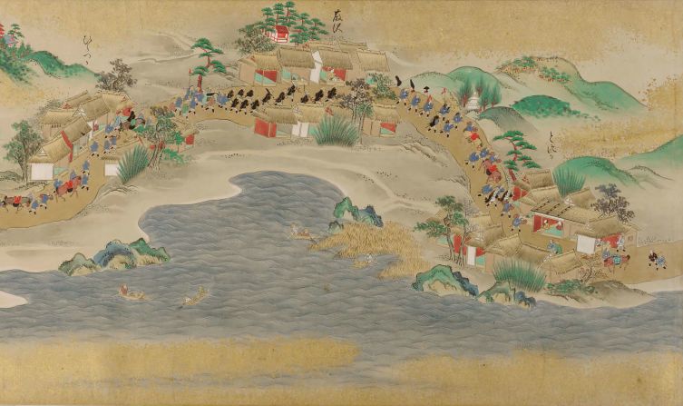 A golden image of Japan's Tōkaidō Road -- quite literally. <br />The painting, dated between 1688 and 1703, features ink and gold on paper.<br />"Encountering these works invites our visitors—especially those who have traveled to the exhibition—to think about how they might record and remember their own journeys," said Diamond.