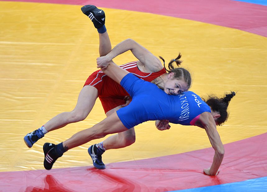 Mariya Stadnyk throws her quarterfinal opponent Nina Matkowski of Poland during her winning quarterfinal bout at the 2012 London Olympics. 