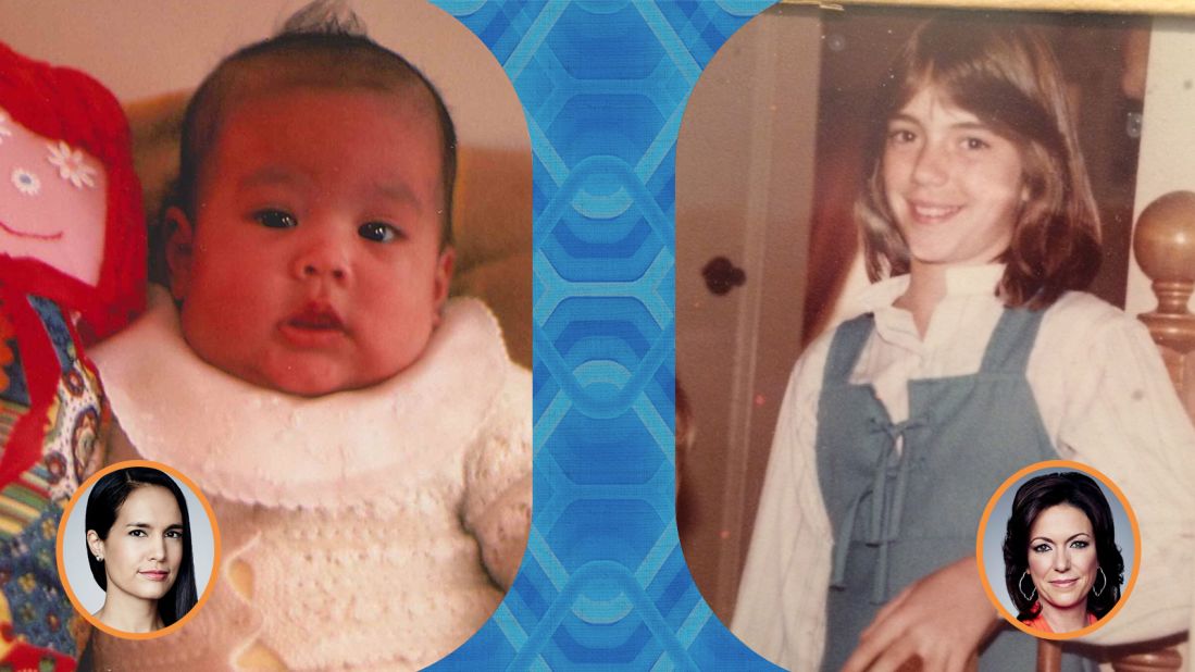 Left: CNN International anchor Kristie Lu Stout in 1975 with what she describes as a "scary homespun doll." Right: CNN correspondent Kyra Phillips, age 11, at her grandfather's house in California. 