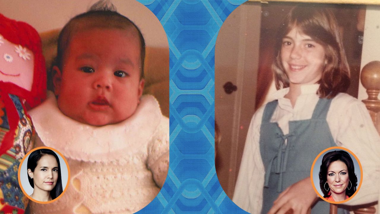 Left: CNN International anchor Kristie Lu Stout in 1975 with what she describes as a "scary homespun doll." Right: CNN correspondent Kyra Phillips, age 11, at her grandfather's house in California.