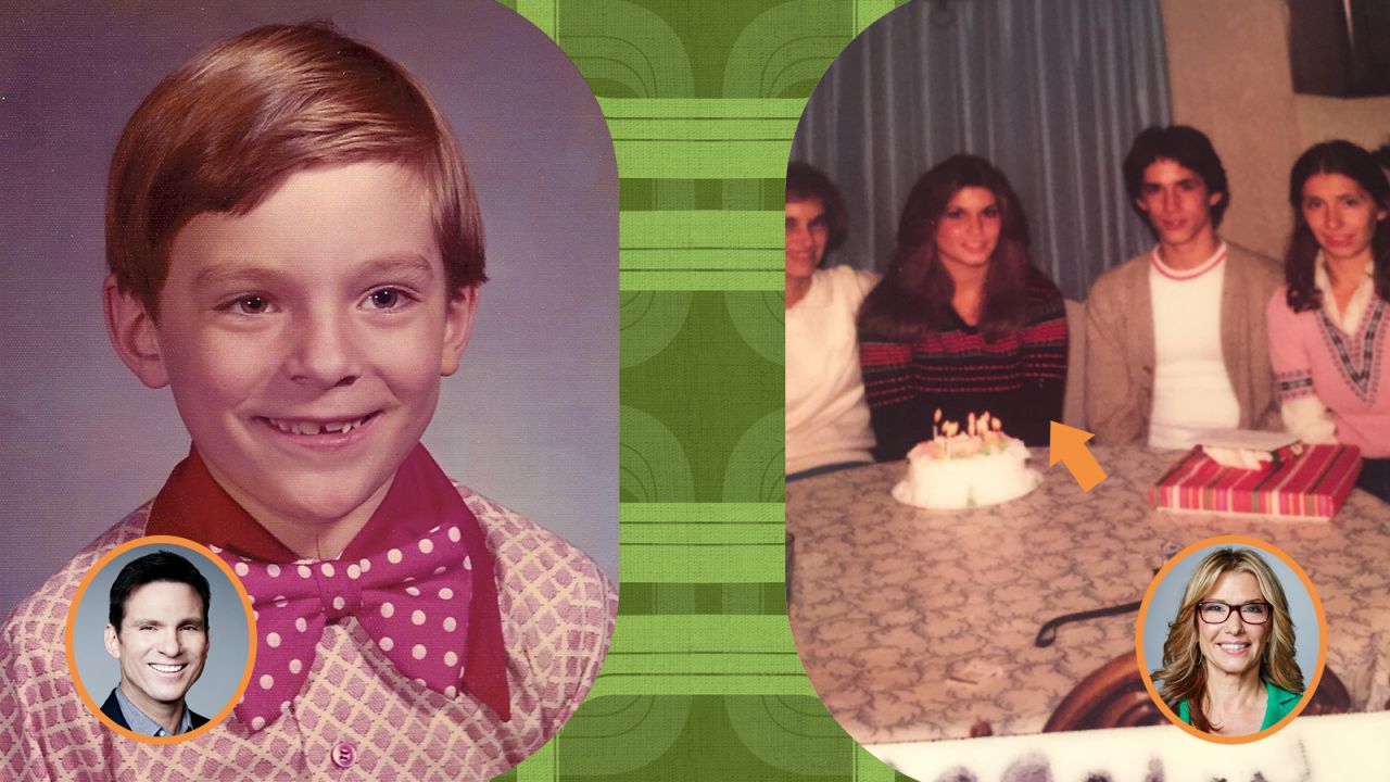 Left: "The Wonder List" host Bill Weir smiles widely for this elementary school picture in 1976. With a bow tie like that, how could you not? Right: CNN anchor Carol Costello (second from left) smiles on her brother's 14th birthday with her mother, brother and sister.