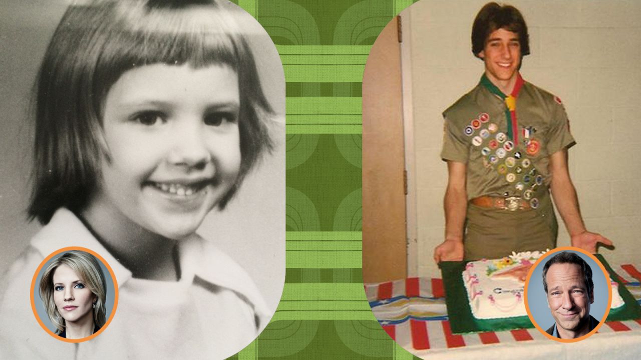 Left: CNN White House correspondent Michelle Kosinski sporting a haircut done by her mother. "Nice haircut, Mom," she says. Right: "Somebody's Gotta Do it" host Mike Rowe at his Eagle Scout ceremony in 1979.