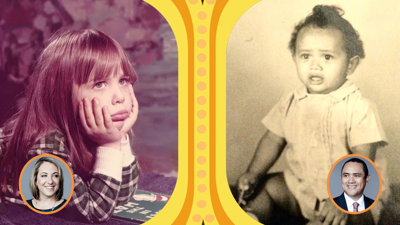 Left: CNN global affairs correspondent Elise Labott, age 5, appears to be deeply contemplating the meaning of "The Cat in the Hat." Her grandma calls this photo "priceless." Right: "I was an early adopter of the man bun," says CNN justice reporter Evan Perez.